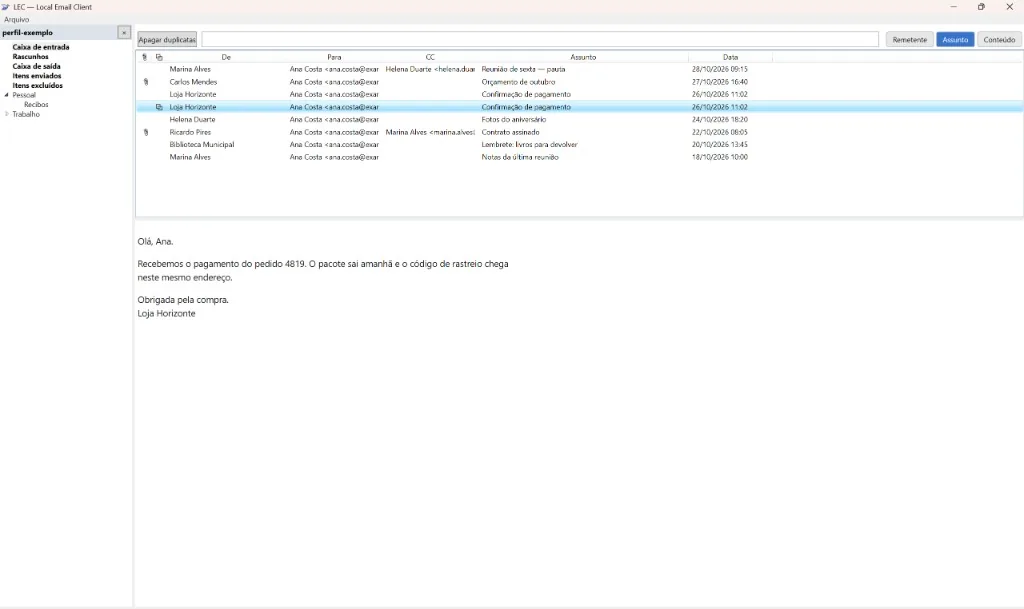 Local Email Client window — the folder tree of an example profile beside the message list, with one message open in the reading pane
