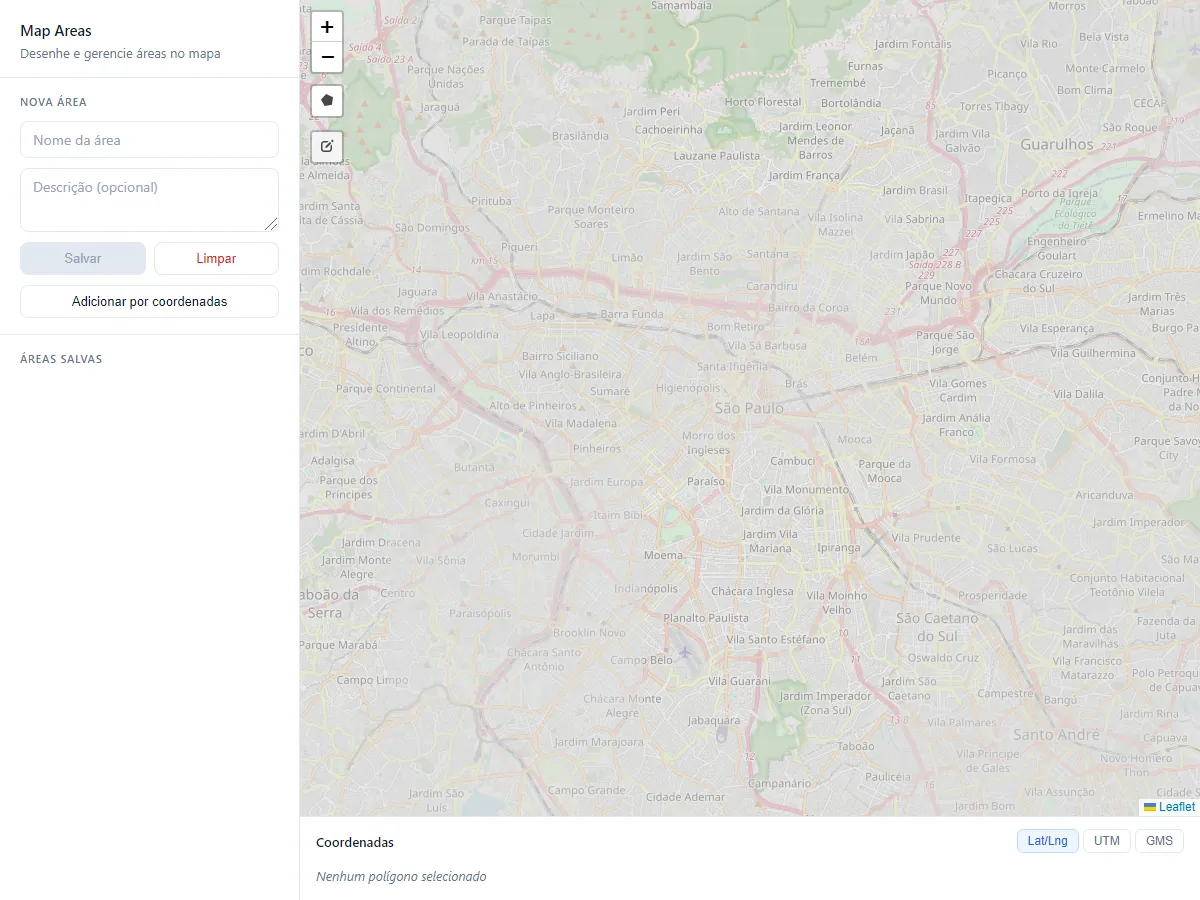 Map Areas interface — sidebar controls beside a Leaflet map of São Paulo